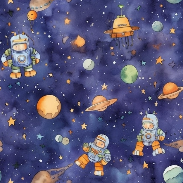 Un gros plan d'un tissu sur le thème de l'espace avec une ai générative d'astronaute de dessin animé