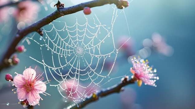 un gros plan d'une toile d'araignée sur une branche d'arbre