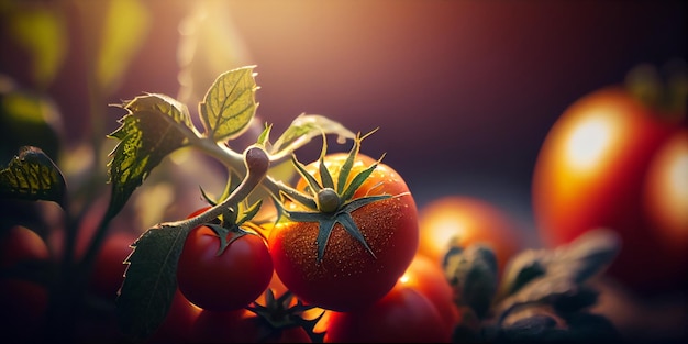 Gros plan de tomates cerises rouges mûres poussant sur une plante dans un jardin généré par l'IA