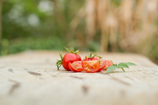 Gros plan de tomates fraîches et mûres sur fond de bois.