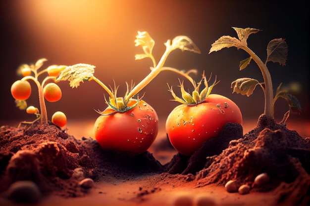Gros plan de tomates mûres poussant sur le sol Generative AI