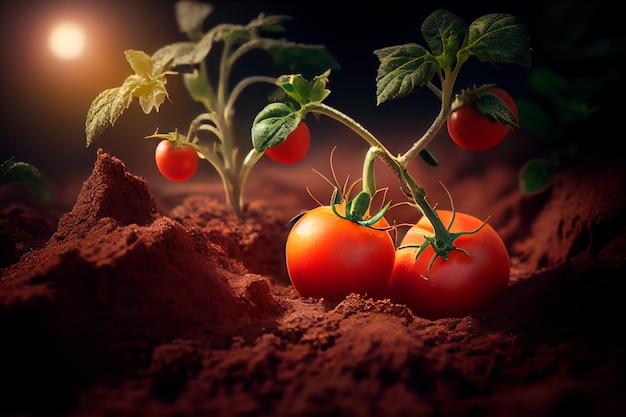 Gros plan de tomates mûres poussant sur le sol Generative AI