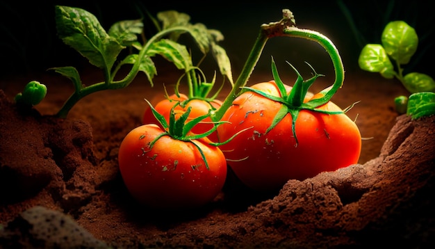 Gros plan de tomates mûres poussant sur le sol Generative AI