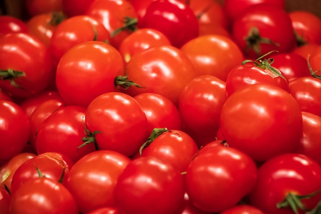 Gros plan de tomates rouges mûres. De délicieux légumes de la ferme pour une alimentation saine.