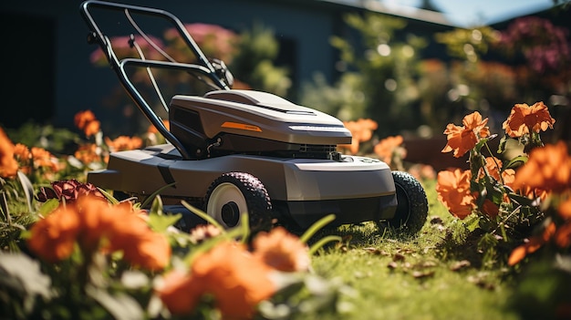 Photo un gros plan d'une tondeuse dans un jardin