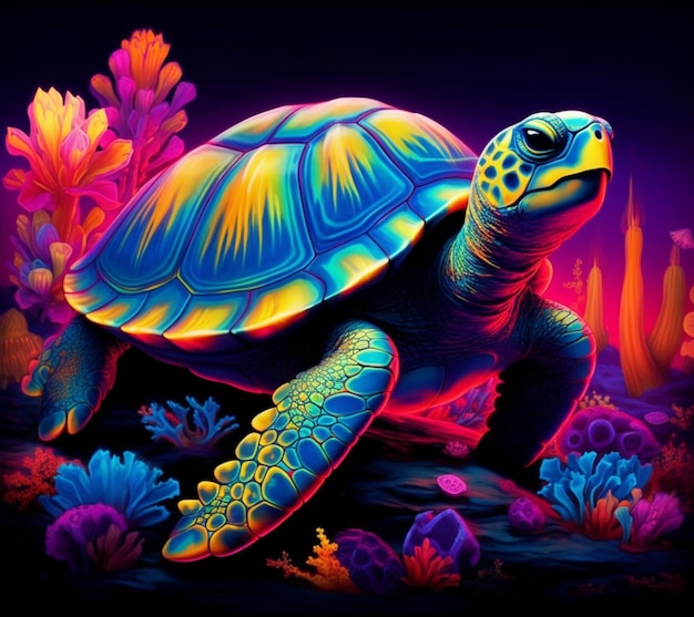 un gros plan d'une tortue dans un champ coloré de fleurs