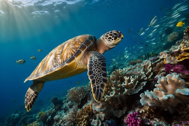 Un gros plan d'une tortue marine nageant sous la mer