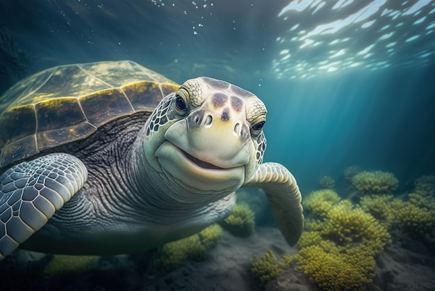 Gros plan d'une tortue de mer sous l'eau Concept d'écosystème de la faune et de l'océan en voie de disparition AI générative