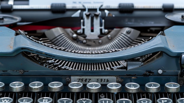 Un gros plan des touches et des barres de frappe d'une machine à écrire vintage La machine à écrive est bleue et a un clavier argenté