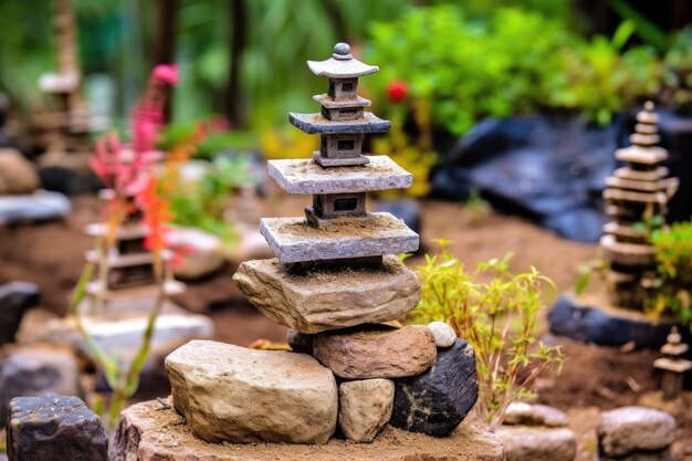 Gros plan d'une tour en pierre équilibrée dans un jardin zen créé avec une IA générative