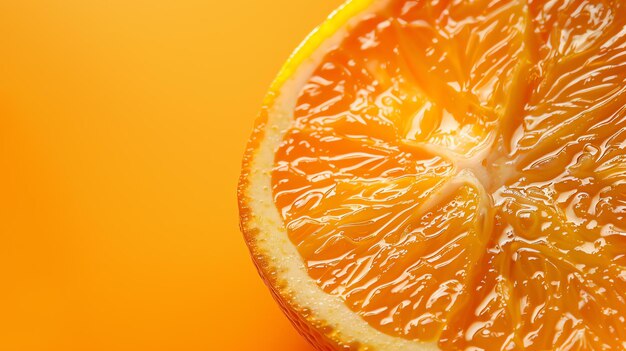 Un gros plan d'une tranche d'orange juteuse sur un fond orange solide