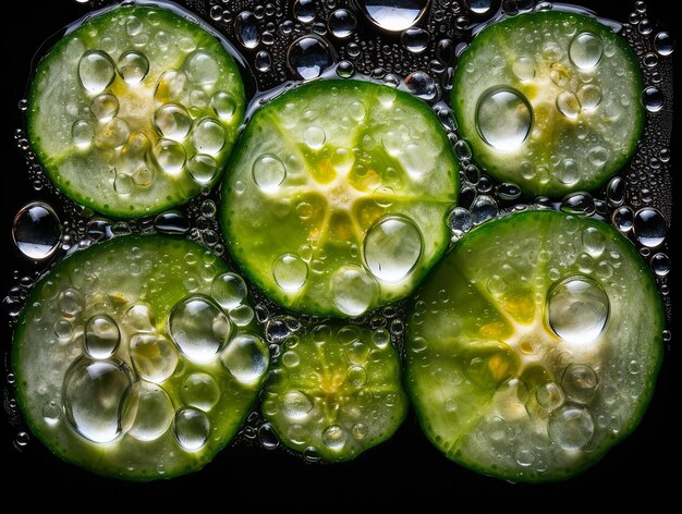 Un gros plan de tranches de concombre avec des gouttelettes d'eau sur eux