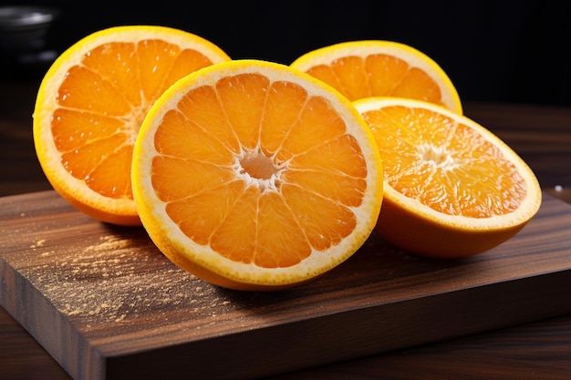 Un gros plan de trois oranges sur une planche à couper avec une coupée en deux