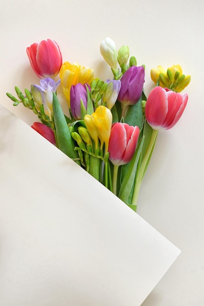 Un gros plan de tulipes sur une table sur un fond blanc