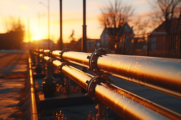 Gros plan sur des tuyaux en acier, des supports en béton pour le gaz naturel, fournissant la production de vannes de réservoirs d'usine de propane