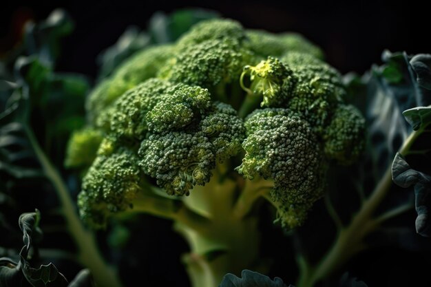 Un gros plan d'une usine de brocoli avec un fond sombre.