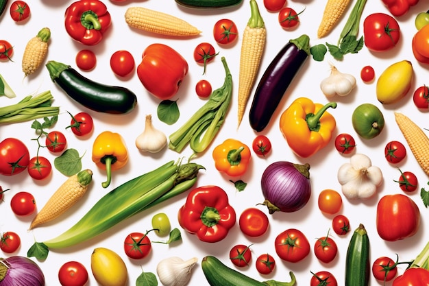 un gros plan d'une variété de légumes et de fruits sur une surface blanche ai générative