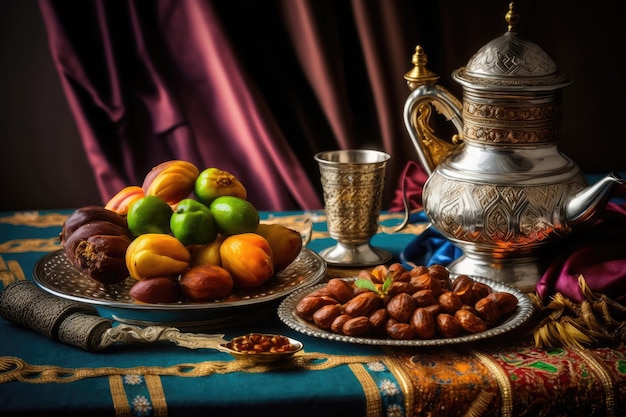 Gros plan sur une variété de tables avec de la nourriture arabe pendant le repas de l'iftar le ramadan généré par l'IA