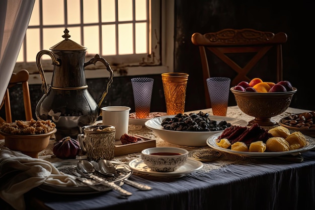 Gros plan sur une variété de tables avec de la nourriture arabe pendant le repas de l'iftar le ramadan généré par l'IA