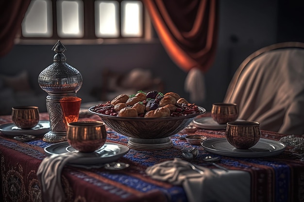 Gros plan sur une variété de tables avec de la nourriture arabe pendant le repas de l'iftar le ramadan généré par l'IA