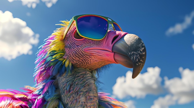 Un gros plan d'un vautour coloré avec des lunettes de soleil en regardant à droite Le fond est un ciel bleu avec des nuages blancs