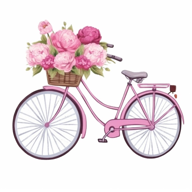 un gros plan d'un vélo rose avec un panier de fleurs