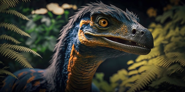 Gros plan de Velociraptor dans la jungle AIGenerated