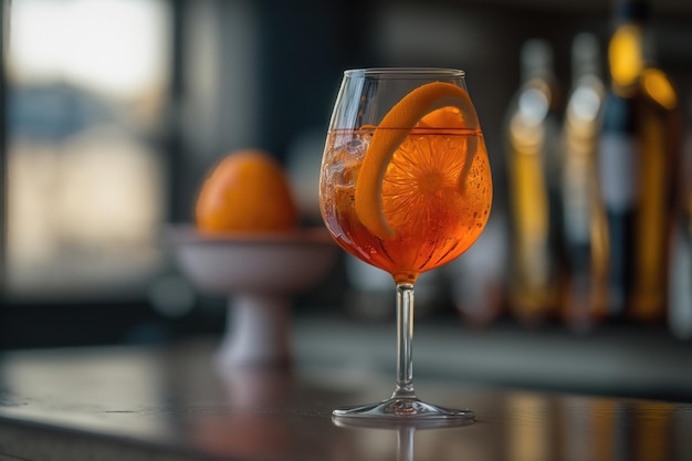 Gros plan d'un verre de cocktail aperol spritz décoré d'orange au fond du bar AI Generation