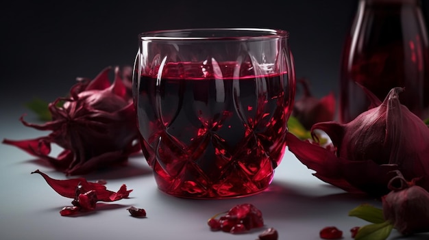 Gros plan d'un verre de jus de roselle rouge sur fond sombre ai générative