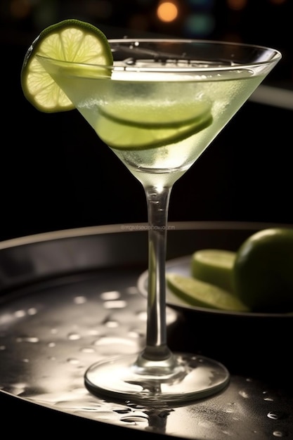un gros plan d'un verre de martini avec une tranche de citron vert sur le bord