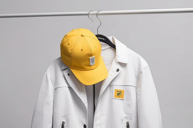 Un gros plan d'une veste blanche et d'un chapeau jaune sur un cintre génératif ai