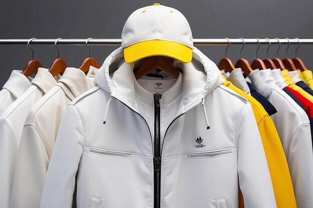 Un gros plan d'une veste blanche et d'un chapeau jaune sur un cintre génératif ai