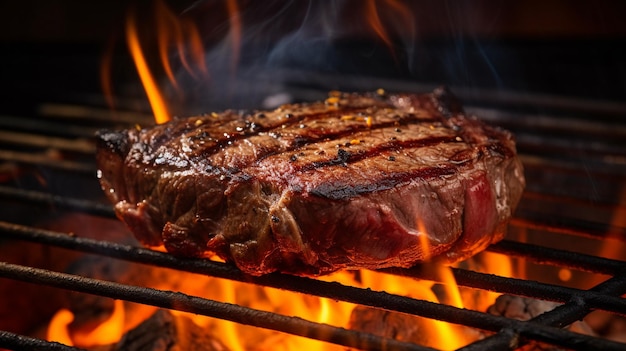 gros plan de viande frite sur un grill avec une flamme