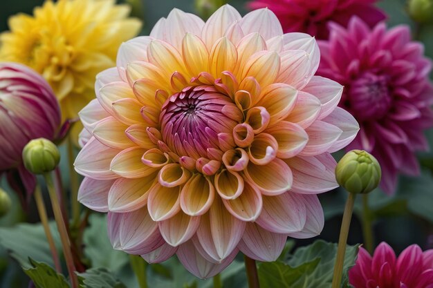 Un gros plan vibrant d'un dahlia multicolore