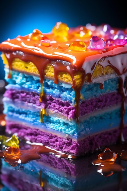 Un gros plan vibrant d'une tranche de gâteau en couches d'arc-en-ciel