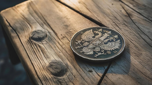 Photo un gros plan d'une vieille pièce russe sur une table en bois