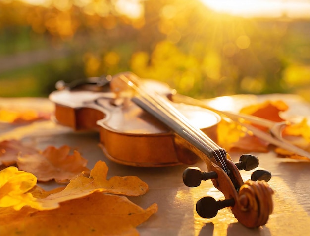 Un gros plan d'un violon parmi les feuilles d'automne dorées tombées