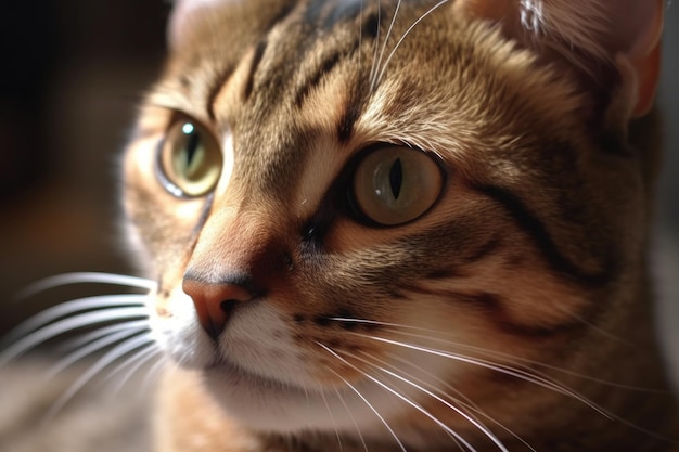 Gros plan sur le visage d'un chat avec ses yeux brillants et ses moustaches tremblantes créées avec une IA générative