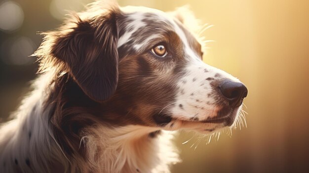 Un gros plan d'un visage de chien regardant quelque chose.