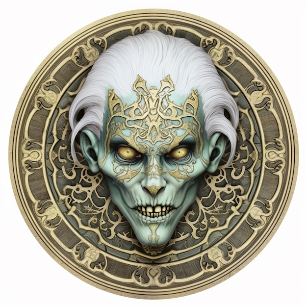 Un gros plan d'un visage d'un démon avec une décoration d'or et d'argent ai génératif