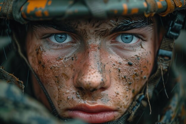 Un gros plan d'un visage déterminé d'un soldat orné de peinture de camouflage