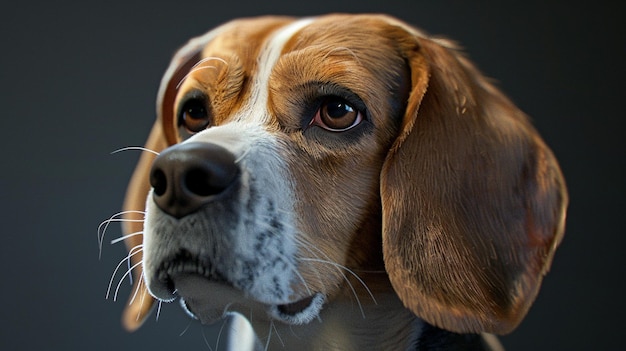 En gros plan, le visage du chien, le fond gris, la beauté du beagle, les oreilles adorables, l'habileté ludique, le nez.