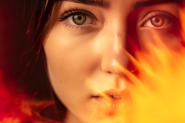 Un gros plan d'un visage de femme avec le feu en arrière-plan image générative ai