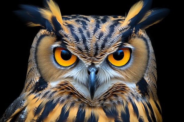 un gros plan d'un visage de hibou avec des yeux jaunes