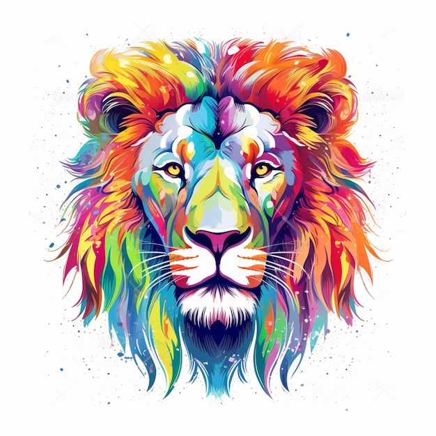 Un gros plan d'un visage de lion coloré avec un fond blanc