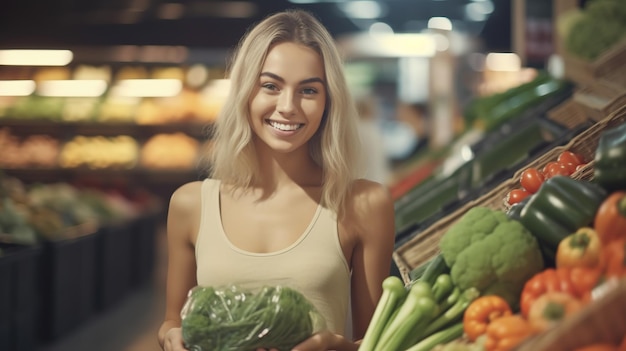 gros plan visage portrait de femme souriante avec fruits et légumes