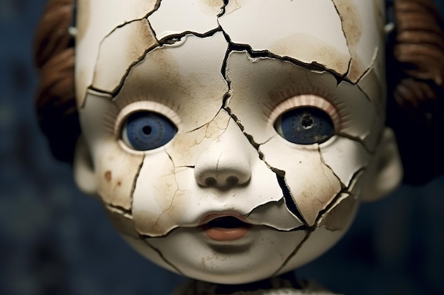 un gros plan d'un visage de poupées hantée avec une IA fissurée générée