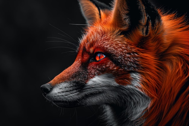 Un gros plan d'un visage de renard avec un nez orange vif et un œil jaune