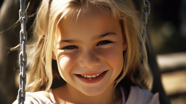 Gros plan visage souriant jeune fille blonde jouant sur une balançoire bonheur enfance liberté vitalité plaisir en plein air lumière du soleil insouciante IA générative AIG20