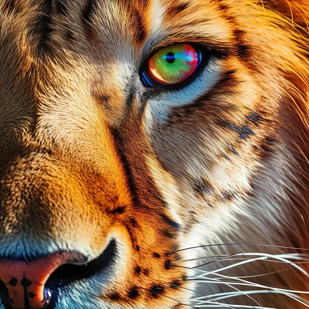 Un gros plan d'un visage de tigre avec des yeux de couleurs vives